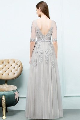 JORDYNN | A-line Half-sleeve V-neck Floor Length Appliqued Tulle Prom Dresses with Sash_14