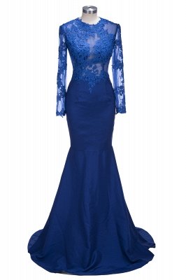 Long-Sleeves Royal-Blue Sheer Long Mermaid Lace Prom Dresses_1