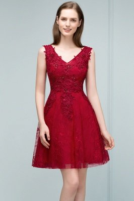 JULIA | A-line Sleeveless Short V-neck Lace Appliqued Tulle Prom Dresses_7