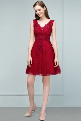 JULIA | A-line Sleeveless Short V-neck Lace Appliqued Tulle Prom Dresses_4