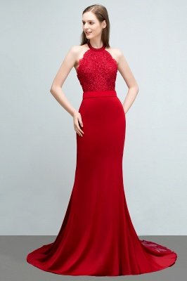 JOY | Mermaid Halter Floor Length Appliqued Beads Red Prom Dresses with Sash_5