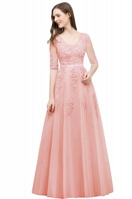 JORDYNN | A-line Half-sleeve V-neck Floor Length Appliqued Tulle Prom Dresses with Sash_3