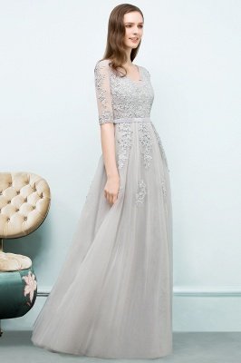 JORDYNN | A-line Half-sleeve V-neck Floor Length Appliqued Tulle Prom Dresses with Sash_17