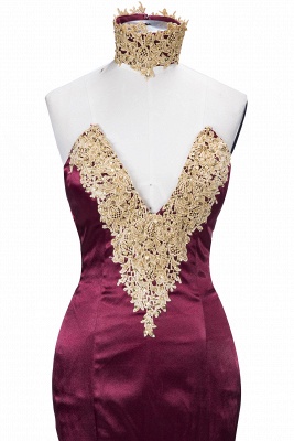 THERESIA | Mermaid High Neck Front-Split Burgundy Lace Appliques Prom Dresses_6