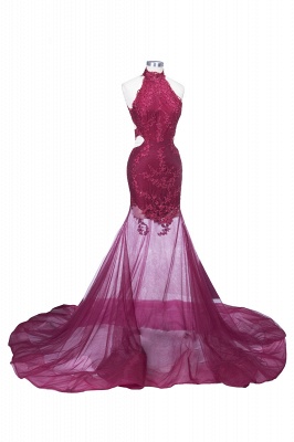 SALLIE | Mermaid High-Neck Burgundy Sheer-Tulle Lace Appliques Prom Dresses_1
