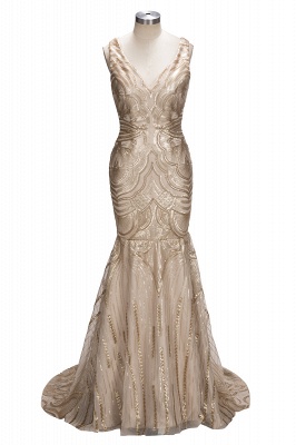 Champagne Gold V-neck Sleeveless Mermaid Sexy Deep Sequins Evening Gown_1