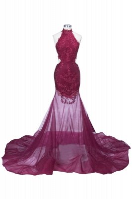 SALLIE | Mermaid High-Neck Burgundy Sheer-Tulle Lace Appliques Prom Dresses_5