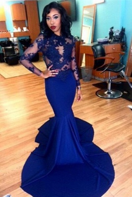 Long-Sleeves Royal-Blue Sheer Long Mermaid Lace Prom Dresses_2