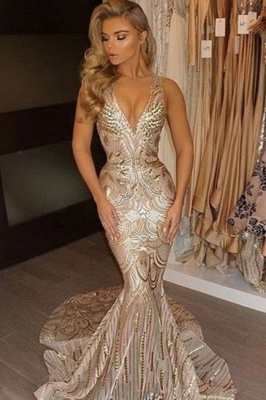 Champagne Gold V-neck Sleeveless Mermaid Sexy Deep Sequins Evening Gown_2