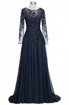 Dark Navy A-line Floor Length Long Sleeve Beads Appliques Elegant Evening Dresses_1