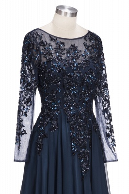 Dark Navy A-line Floor Length Long Sleeve Beads Appliques Elegant Evening Dresses_6