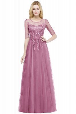 QUEENIE | A-line Floor Length Appliques Tulle Bridesmaid Dresses with Sleeves_2