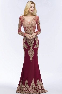 RUTH | Mermaid V-neck Floor Length Long Sleeves Appliques Prom Dresses_3