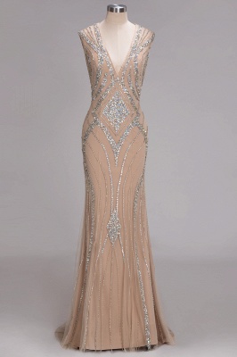 V-Neck Long Gorgeous Mermaid Crystal Sleeveless Beadings Prom Dress_1