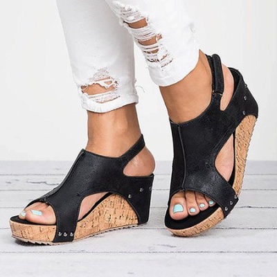 Peep Toe PU Blocking Hook-Loop Wedge Sandals_14