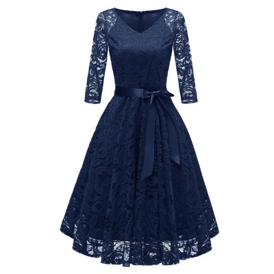 New Solid Lace Rundhalsausschnitt Vintage-Kleid_3