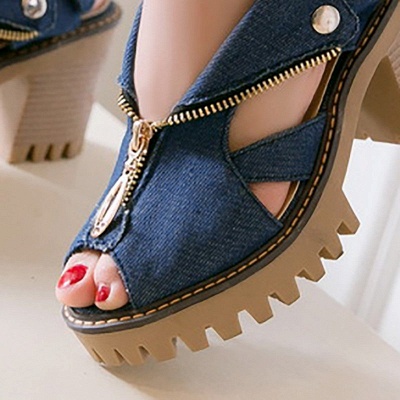 Denim Peep Toe Plattform Frauen Chunky Sandalen_10