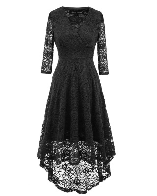 Women 1950s Vintage Deep V Neck High-low Hem Lace Cocktail Party Dress_3