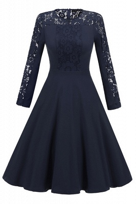 Navy Blue Long Sleeve Round Neck Lace Dress_1