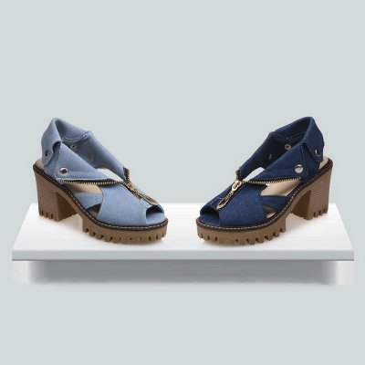 Denim Peep Toe Platform Women Chunky Sandals_4