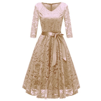 New Solid Lace Round Neck Vintage Dress_4