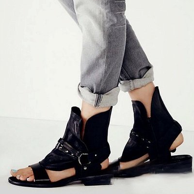 Rivet PU Flat Summer Daily Peep Toe Buckle Sandals_3