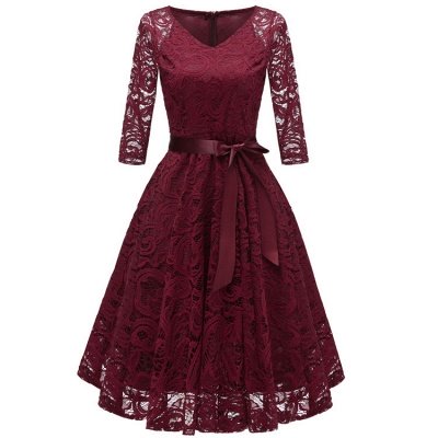 New Solid Lace Round Neck Vintage Dress_5