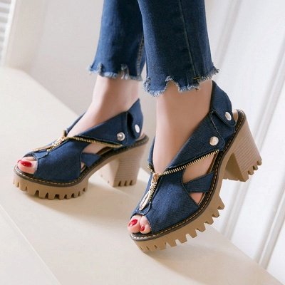Denim Peep Toe Platform Women Chunky Sandals_5