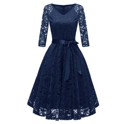 New Solid Lace Round Neck Vintage Dress_3