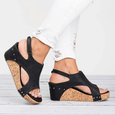 Peep Toe PU Blocking Hook-Loop Wedge Sandals_7