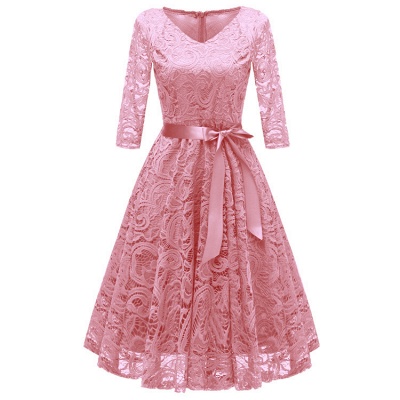 New Solid Lace Round Neck Vintage Dress_2