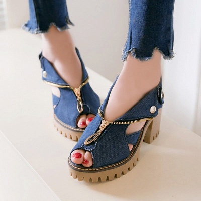 Denim Peep Toe Plattform Frauen Chunky Sandalen_9