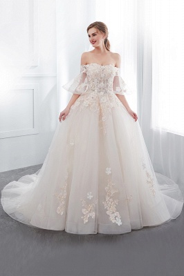 Sexy Off The Shoulder Floor Length Lace Appliques Tulle Ball Gown Wedding Dresses_5