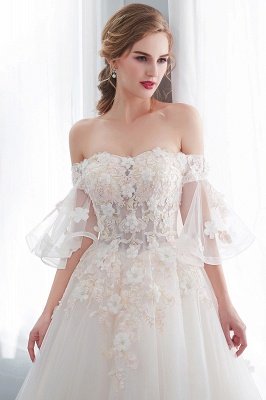 Sexy Off The Shoulder Floor Length Lace Appliques Tulle Ball Gown Wedding Dresses_9