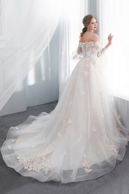 Sexy Off The Shoulder Floor Length Lace Appliques Tulle Ball Gown Wedding Dresses_3