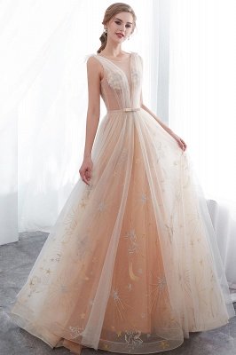 NANETTE | A-line Sleeveless Long Tulle Appliques Champangne Evening Dresses with Sash_1