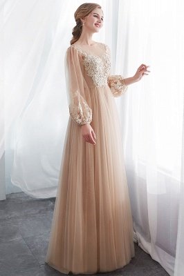 NATALIE | A-line Long Sleeves Appliques Tulle Champagne Evening Dresses_4