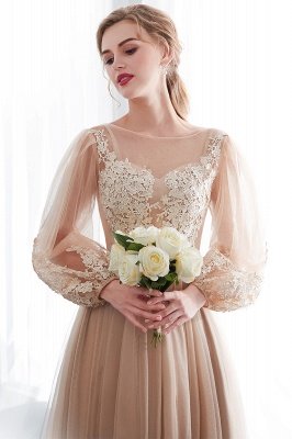 NATALIE | A-line Long Sleeves Appliques Tulle Champagne Evening Dresses_8