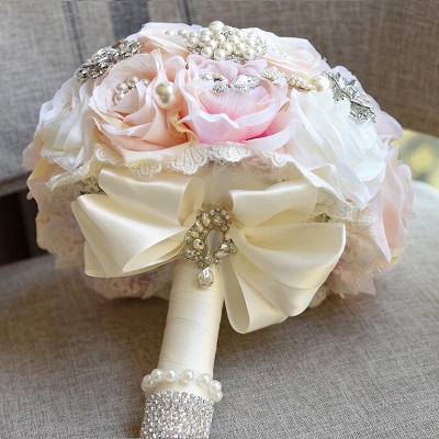 Shiny Crystal Beading Silk Rose Wedding Bouquet in White and Pink_5