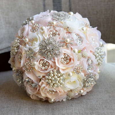 Shiny Crystal Beading Silk Rose Wedding Bouquet in White and Pink_6