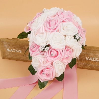 Bouquet de mariée en soie colorée rose avec des rubans_2