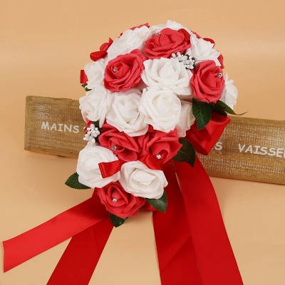 Bouquet de mariée en soie colorée rose avec des rubans_3