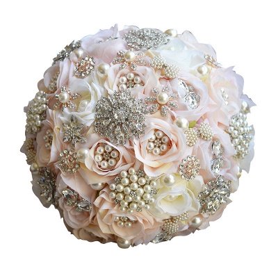 Bouquet de mariage en cristal rose et perles de soie rose et blanc_7