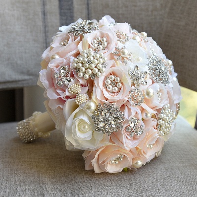 Shiny Crystal Beading Silk Rose Wedding Bouquet in White and Pink_3