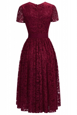 Short Sleeves Seath Red Lace Dresses with Ribbon Bow_6