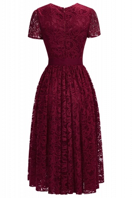 Robe en dentelle rouge à manches courtes avec nœud en ruban_6