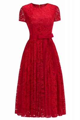 Robe en dentelle rouge à manches courtes avec nœud en ruban_1