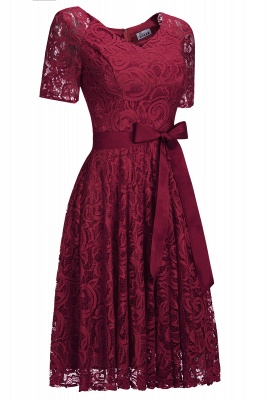 Elegant V-neck Short Sleeves Lace Dresses with Bow Sash_5