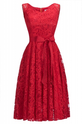 Simple Sleeveless A-line Red Lace Dresses with Ribbon Bow_2