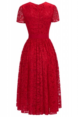 Kurze Ärmel Seath Red Lace Kleider mit Schleife_12